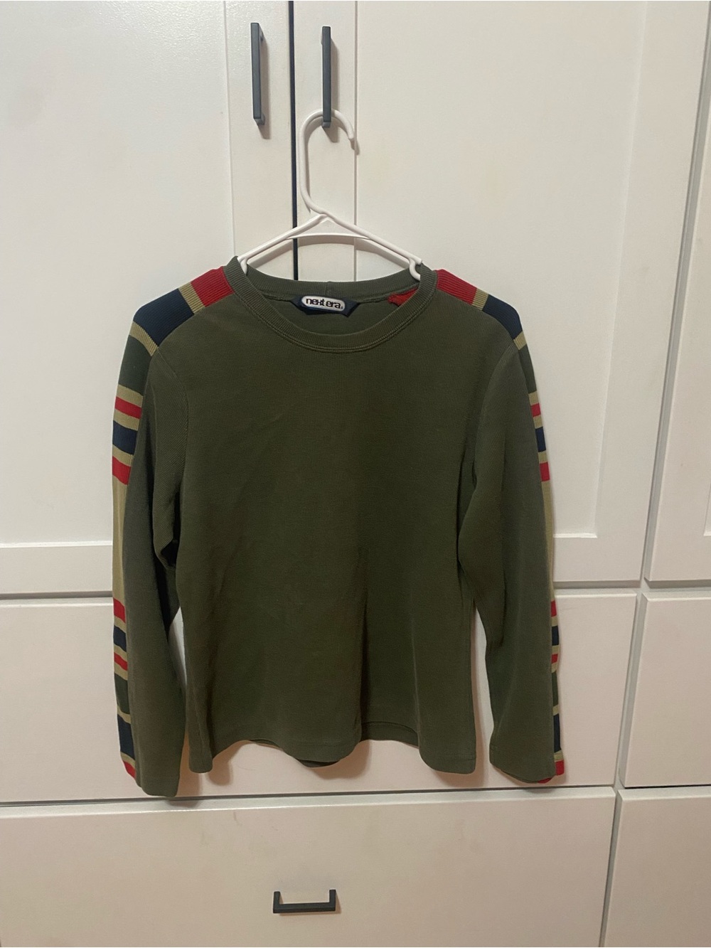 Next Era Y2K Olive Green Long Sleeve Top with Red & Navy Stripe Detail
